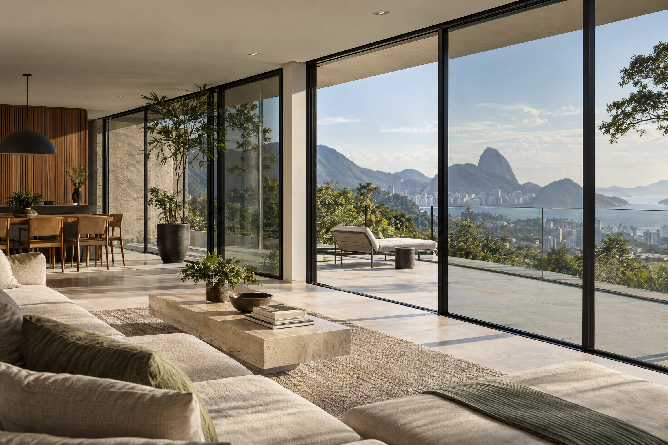 Ambiente contemporâneo com grandes áreas envidraçadas e luz natural