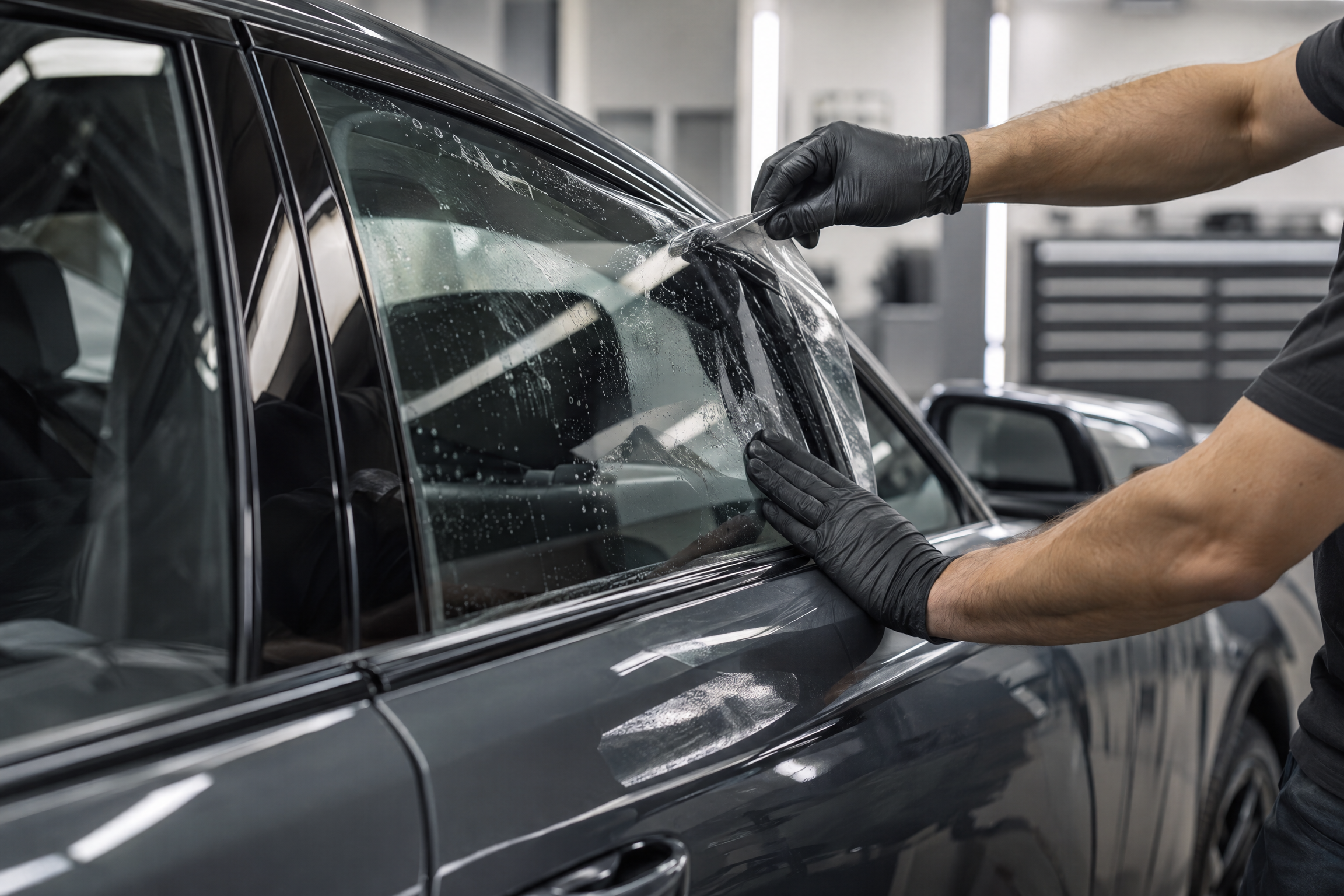 Aplicação cuidadosa de película em vidro lateral de um automóvel